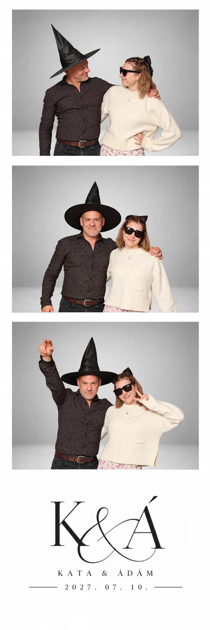 Fotócsík, páros boszorkánykalapban, minimál stílus