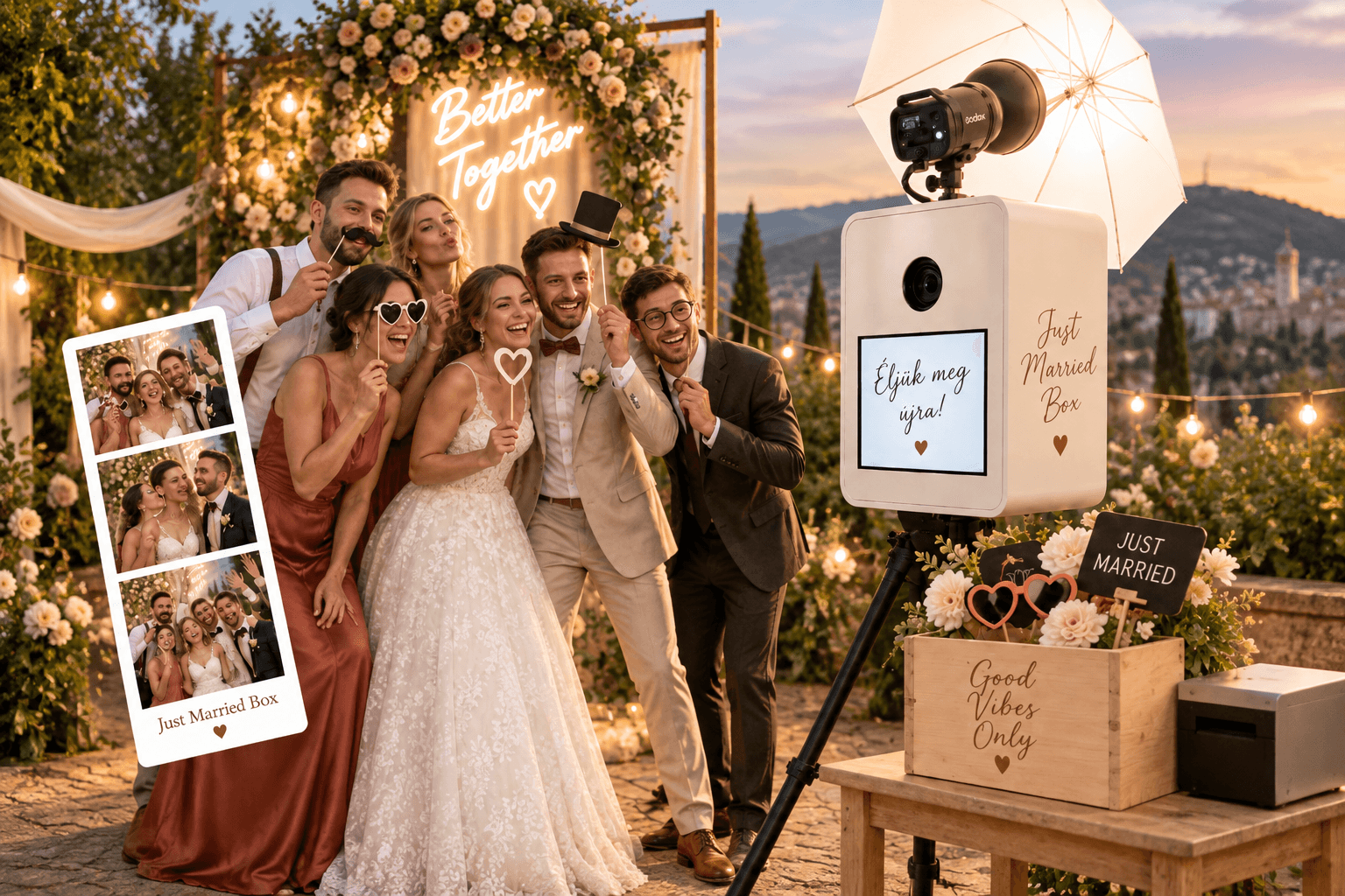 Vidám násznép a Just Married Box fotóboxnál
